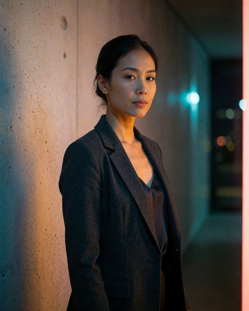 Laotian member in a charcoal blazer standing in a modern gallery foyer with a composed expression