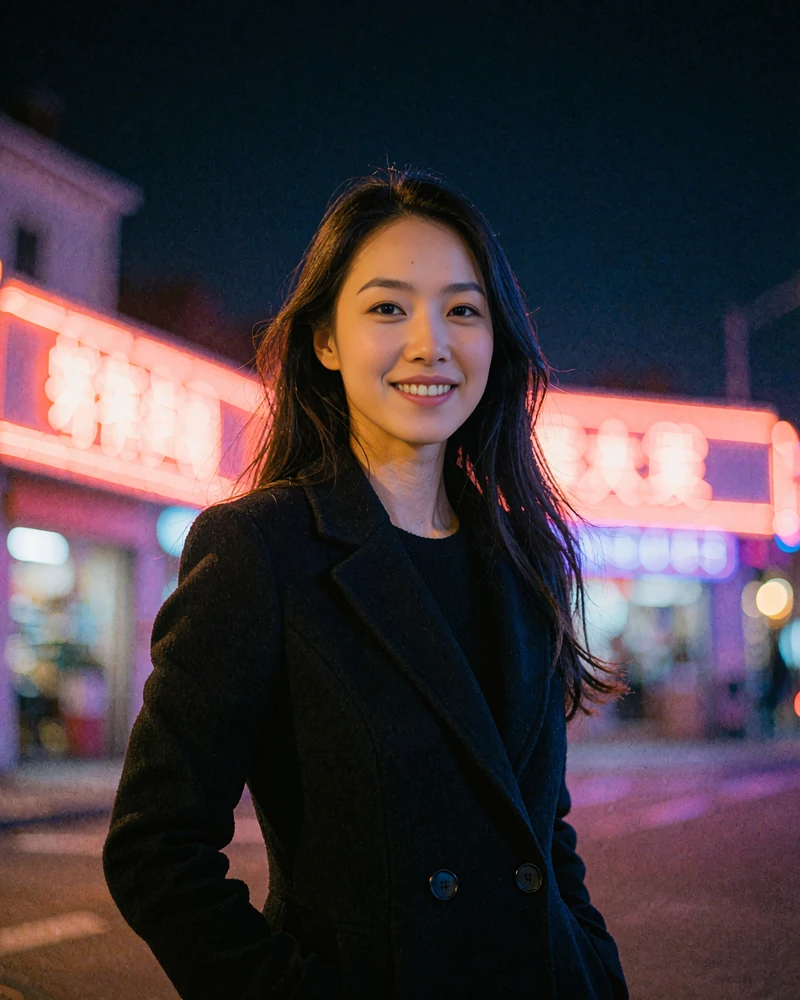 Smiling Chinese member in a fitted black coat standing on a neon-washed city street at night