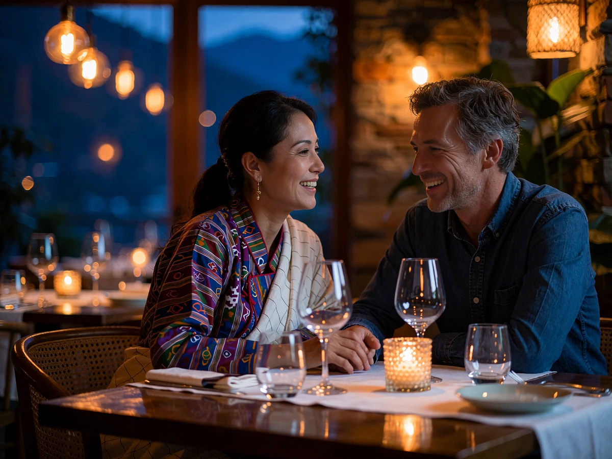 Bhutanese woman and a Western man sharing a quiet laugh over dinner at an upscale restaurant table