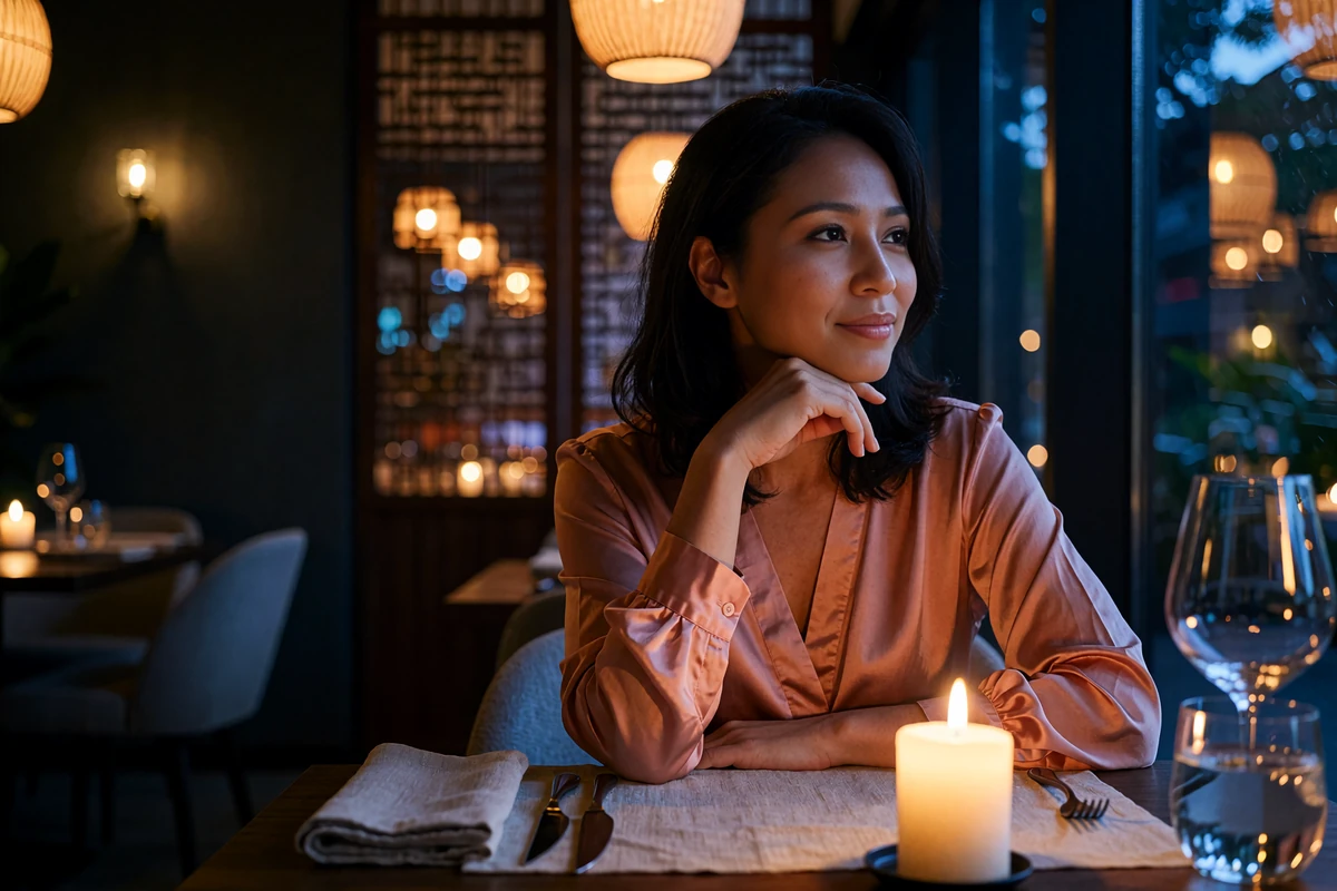 Malaysian woman in her early thirties listening attentively at a candlelit table in an upscale restaurant, reflecting Malaysian dating culture