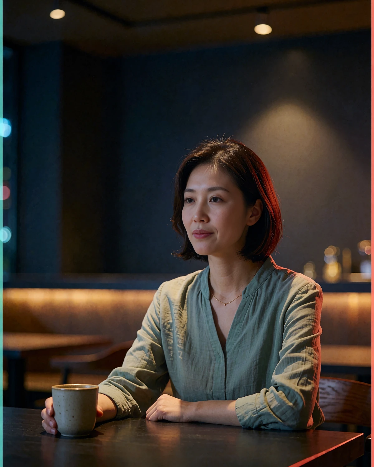Composed woman of Korean heritage listening thoughtfully in a softly lit night cafe, illustrating respectful conversation on a North Korean dating app