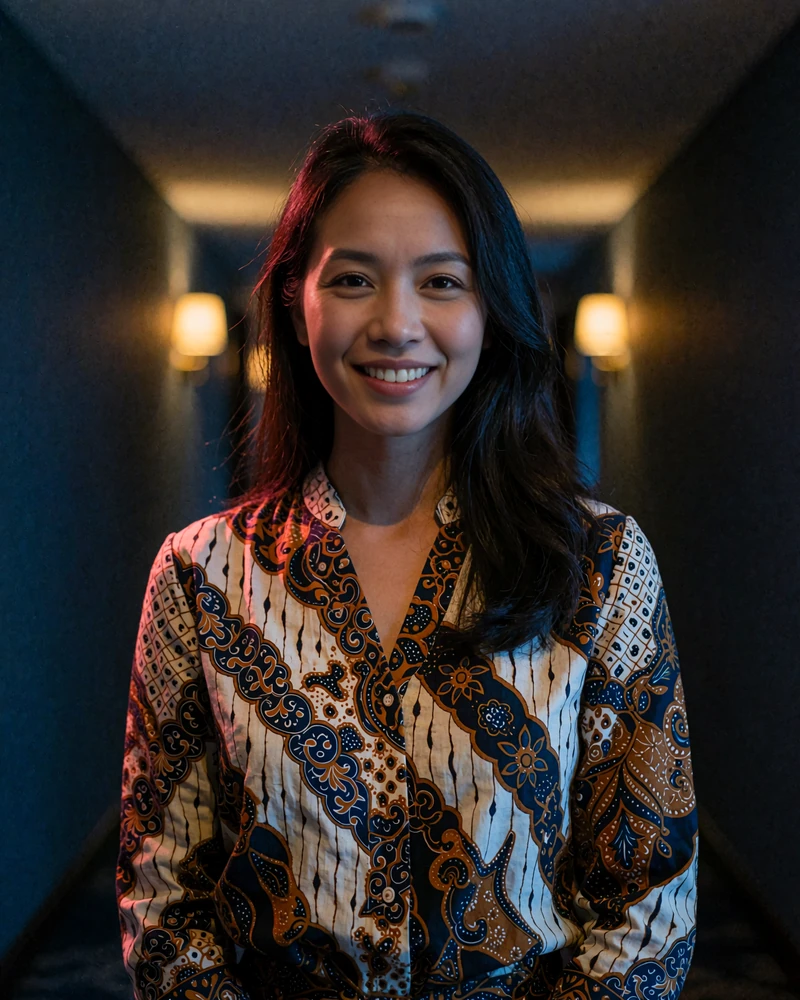 Indonesian member in a patterned batik blouse smiling in a dimly lit hotel corridor at night