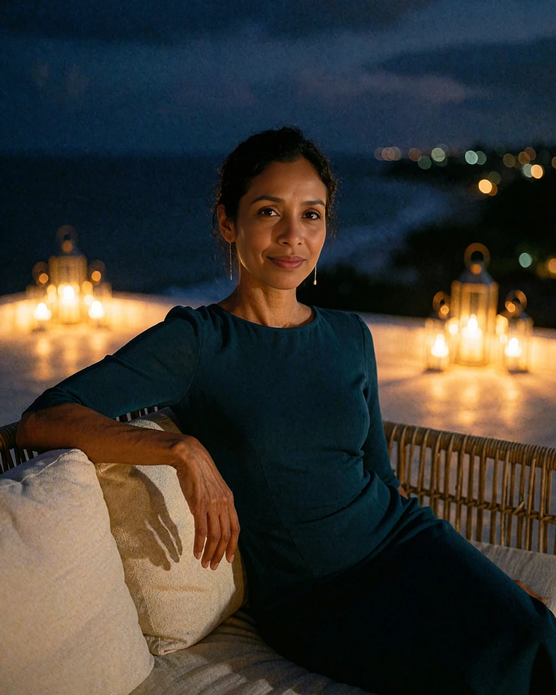 Timorese member in a deep-teal dress seated on a rooftop lounge sofa at night