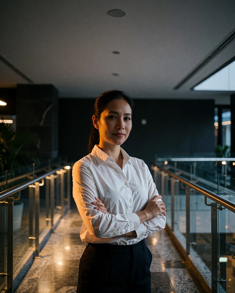 Filipina member in a white shirt standing confidently in a modern office atrium