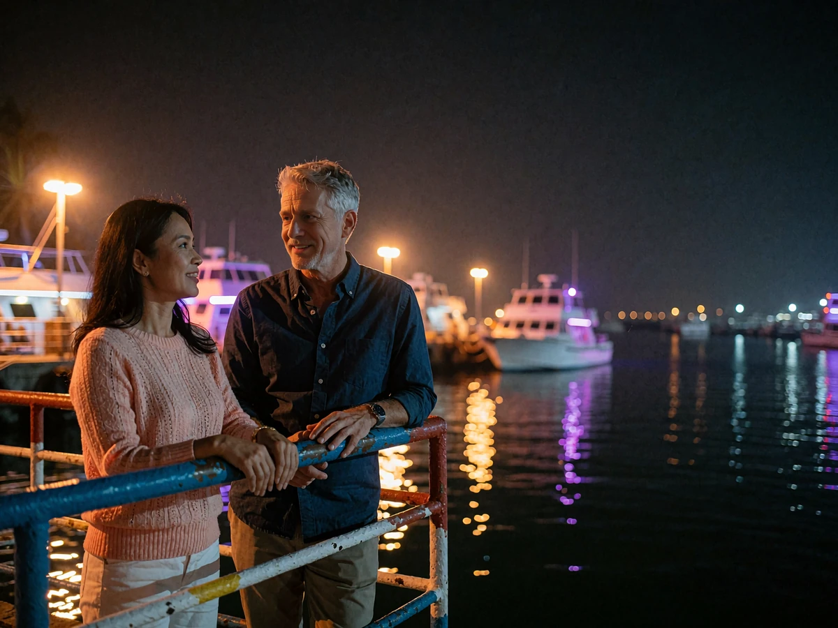 Filipina woman and Western man leaning on a harbor-side railing at night, smiling in conversation after meeting through a Filipino dating site