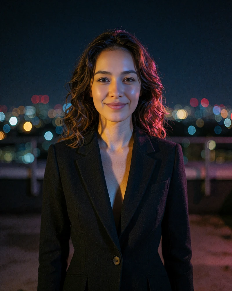 Kazakh member in a black blazer smiling on a rooftop terrace in Almaty at night