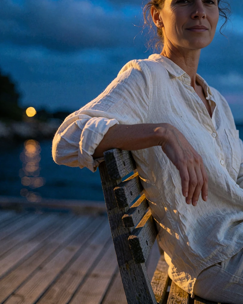 Maldivian member in a cream linen shirt seated on a wooden deck bench