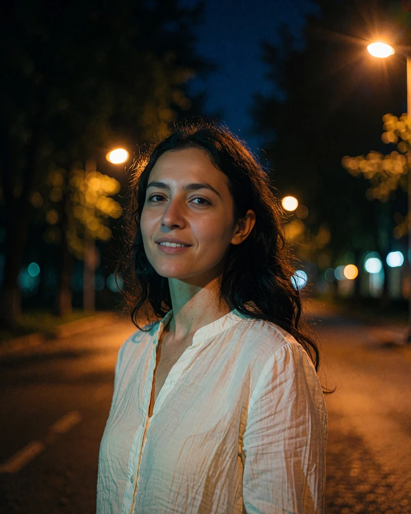 Uzbek member with long dark wavy hair smiling on a quiet tree-lined evening street