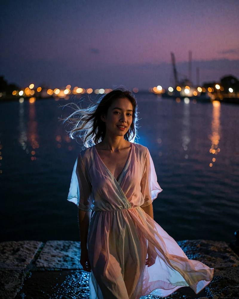 Malaysian woman in a pastel dress on a seaside promenade at dusk near a harbour