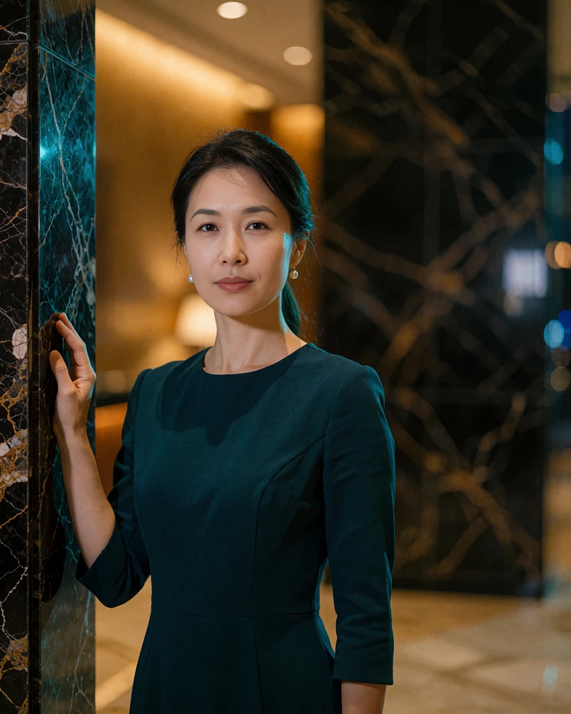 Verified Chinese member in her early thirties in a luxury hotel lobby in Shanghai