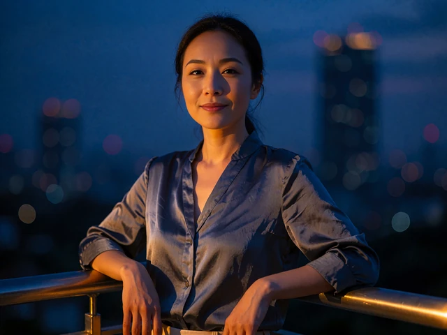 Smiling Asian woman leaning on a high balcony rail at dusk, illustrating a video dating conversation