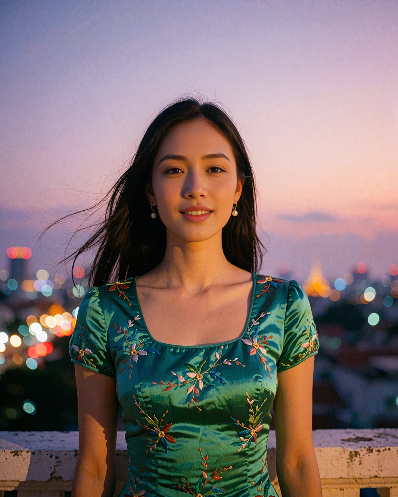 Vietnamese woman in an emerald silk top on a rooftop terrace at dusk, illustrating data privacy in dating