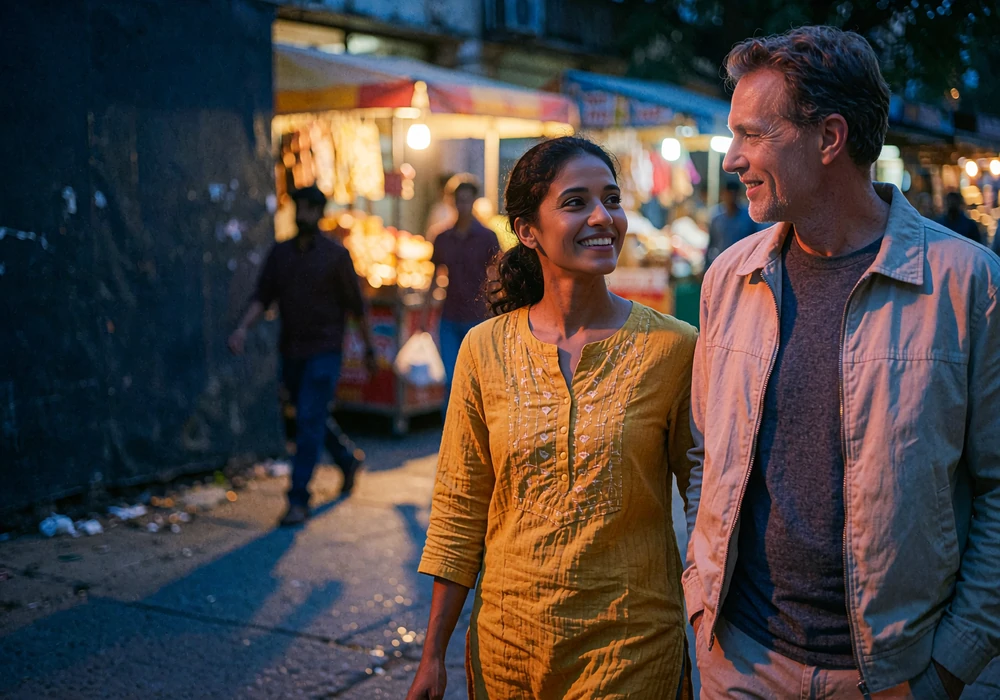 Couple walking together along a softly lit evening street after connecting on a Bangladeshi dating app