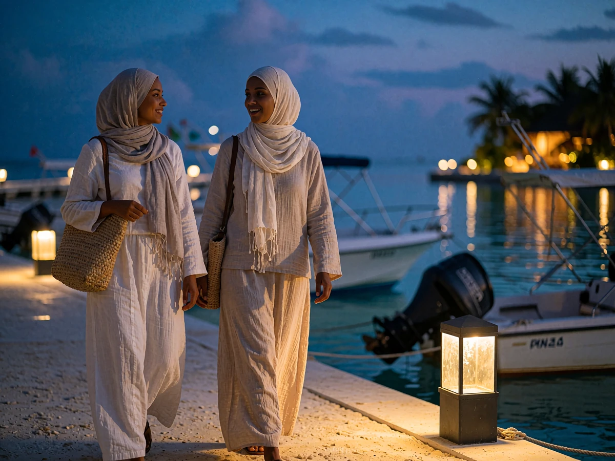 Two Maldivian women walking and talking along a harbour promenade at dusk, illustrating Maldivian dating culture and community life