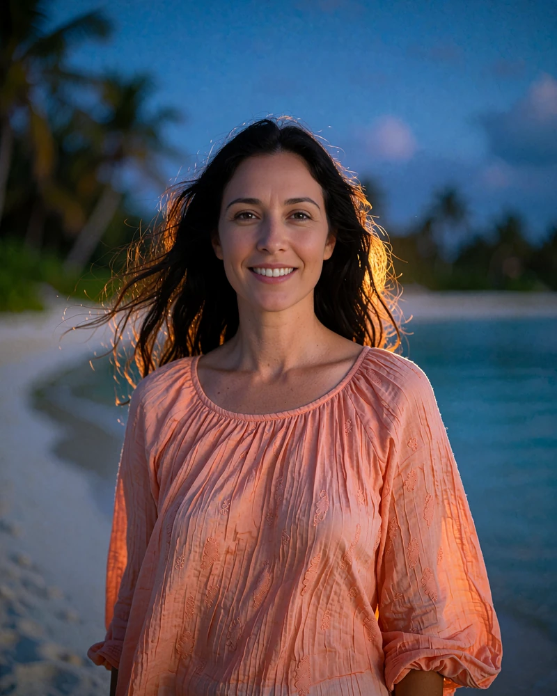 Maldivian member in a coral blouse smiling on a quiet beach path at dusk