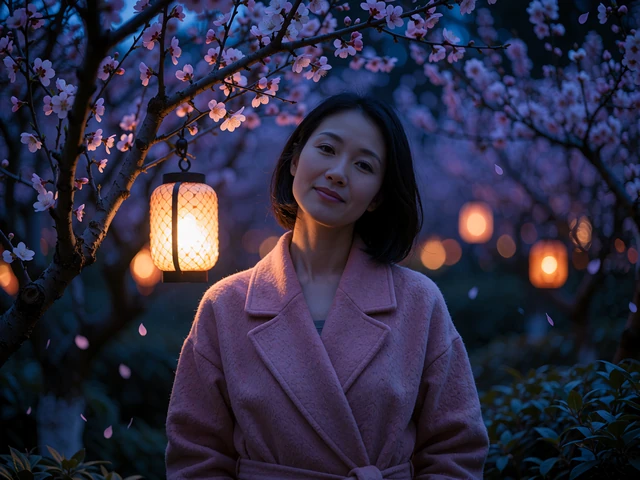 Asian woman in a rose wrap coat standing in an evening garden under blossom branches and lantern light