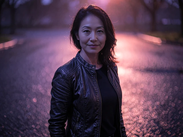 A confident Asian woman in a black leather jacket stands on a city street at night amid violet and coral light