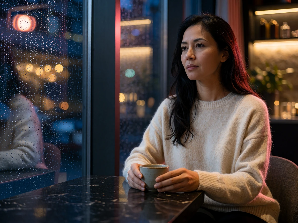 Poised Kazakh woman in a cream sweater seated by a window in an upscale evening cafe