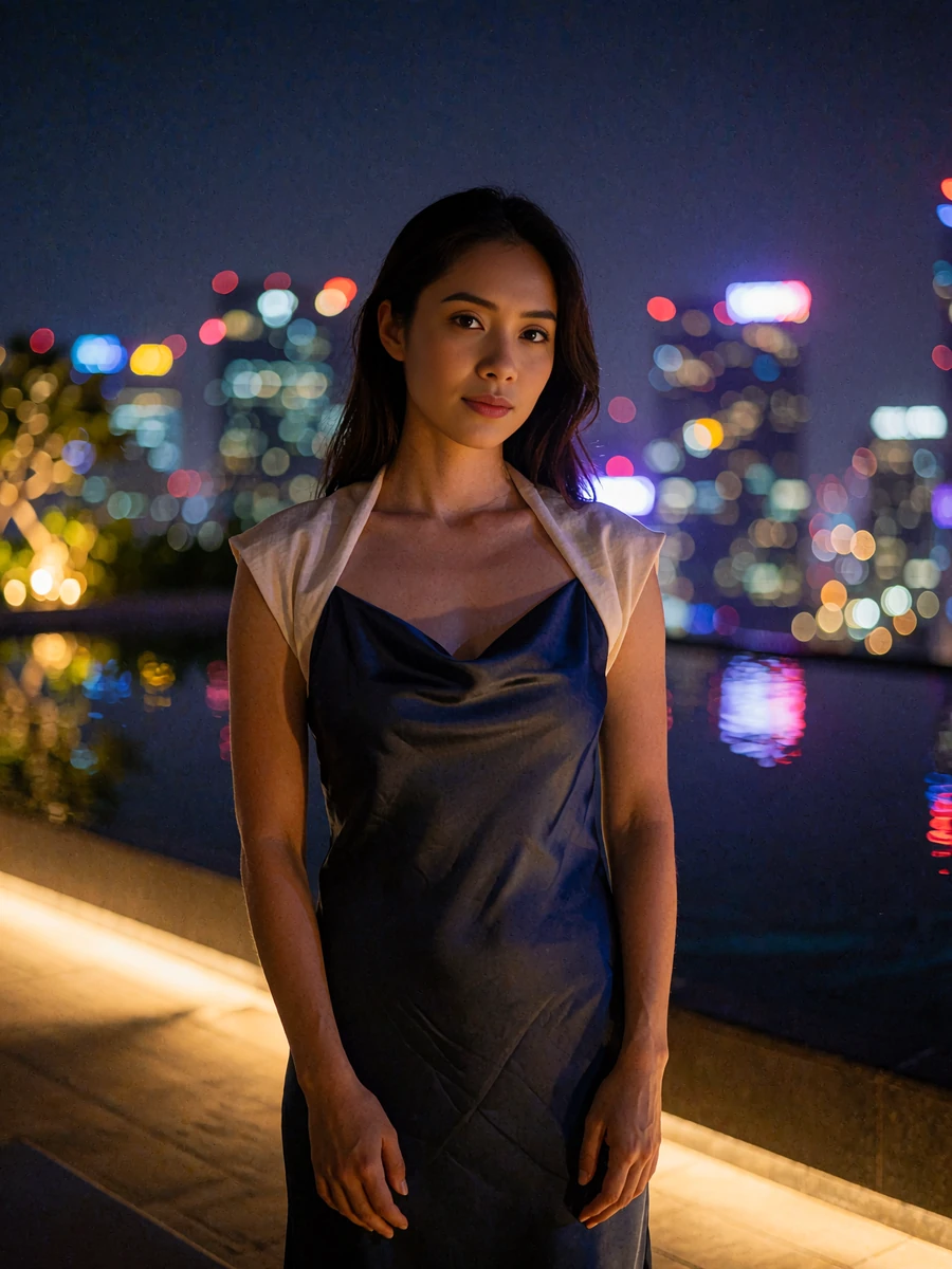 Singaporean member in a satin slip dress on a hotel rooftop terrace at night beside a reflecting pool