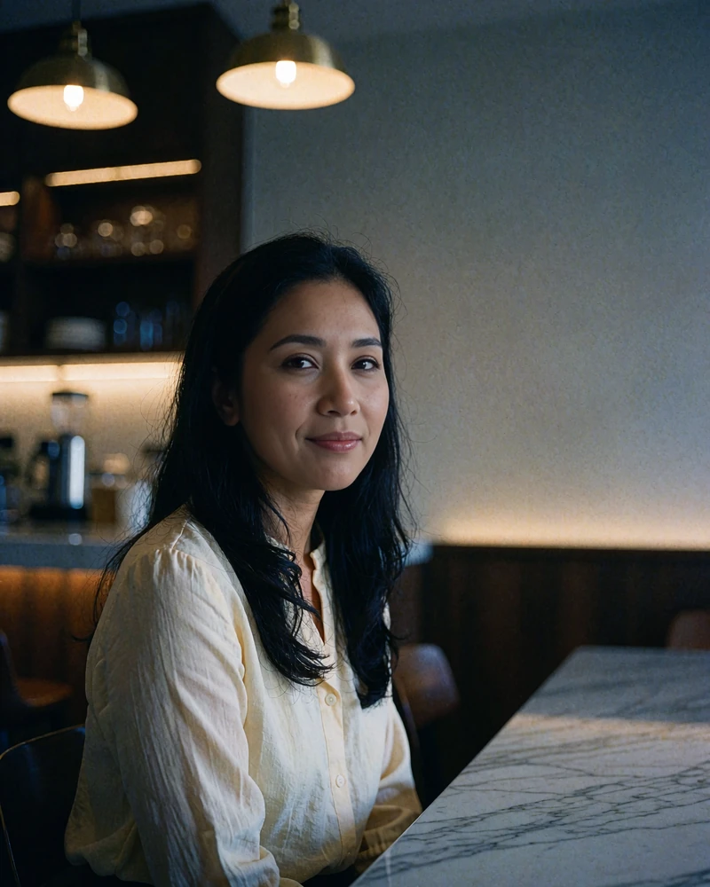 Bruneian woman in a cream blouse smiling at a marble table in an upscale boutique coffee house