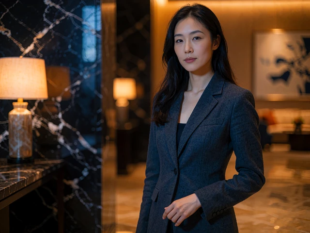 Composed Asian woman in a charcoal blazer standing in an upscale hotel lobby in the evening