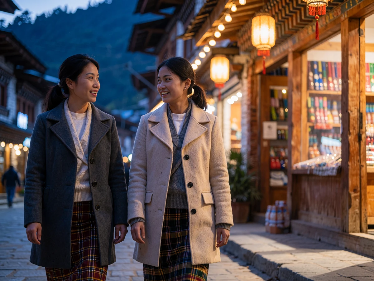 Two Bhutanese women walking together along a quiet paved street in a Himalayan town at dusk, illustrating Bhutanese dating culture