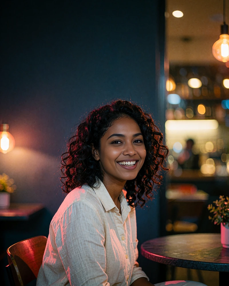 Sri Lankan member in a cream linen shirt seated at a café table at night