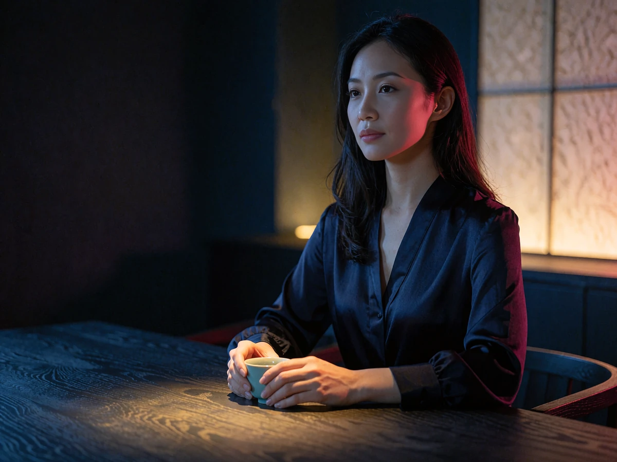 Refined Chinese woman in a navy silk blouse seated at a low table in a modern minimalist teahouse at night