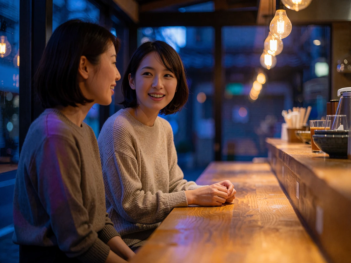 Two Japanese women sharing a warm conversation at a wooden counter in a modern Tokyo dining bar in the evening