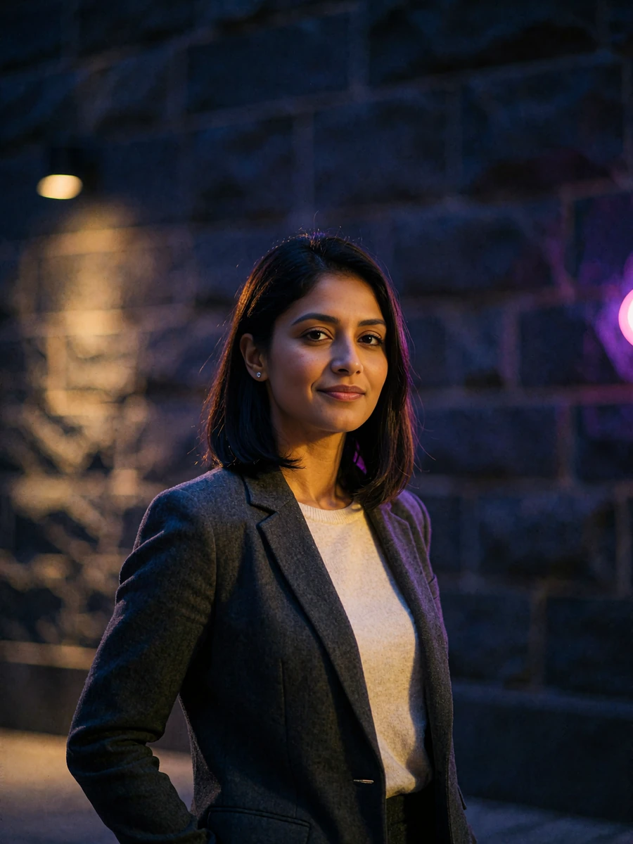 Indian member in a tailored charcoal blazer standing in a softly lit hotel atrium