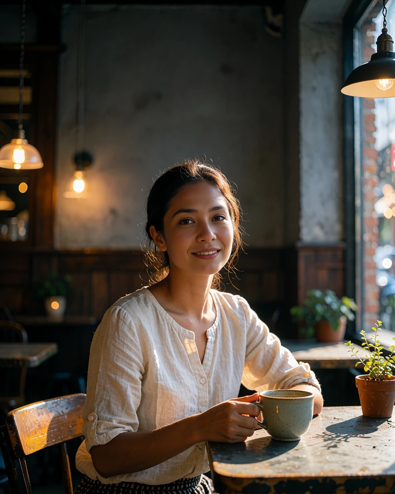 Cambodian woman in a cream blouse seated at a small café table in the late afternoon