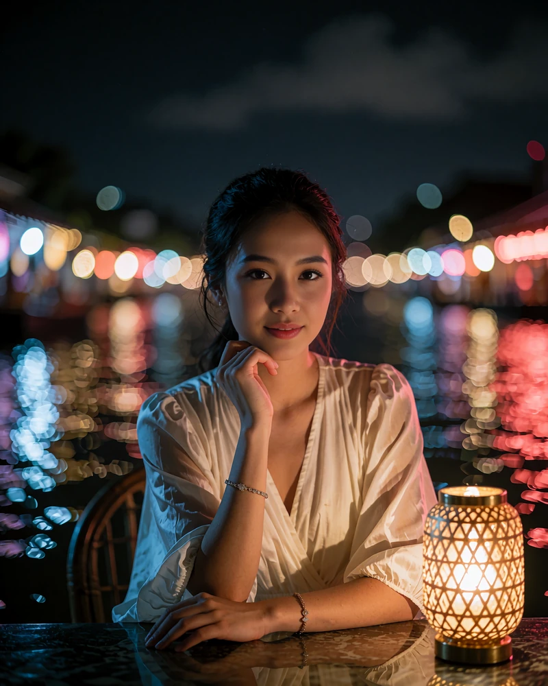 Thai woman in an ivory dress at a riverside dining terrace in the evening, resting her chin on her hand