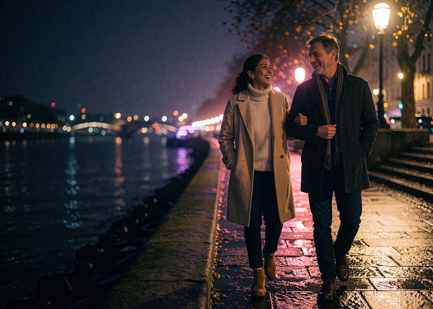 Woman and man walking hand in hand along a lamplit riverside promenade after meeting through an Indian dating site