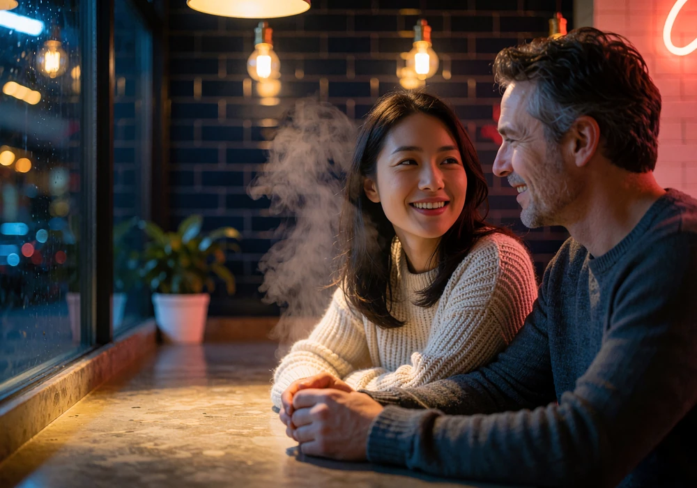 Couple sharing a relaxed moment at a warm-lit counter inside a modern eatery at night
