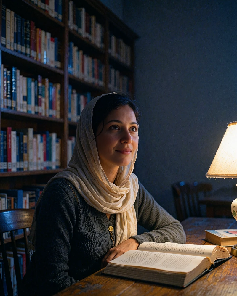 Yemeni woman in a cream headscarf seated at a wooden table in a warmly lit library