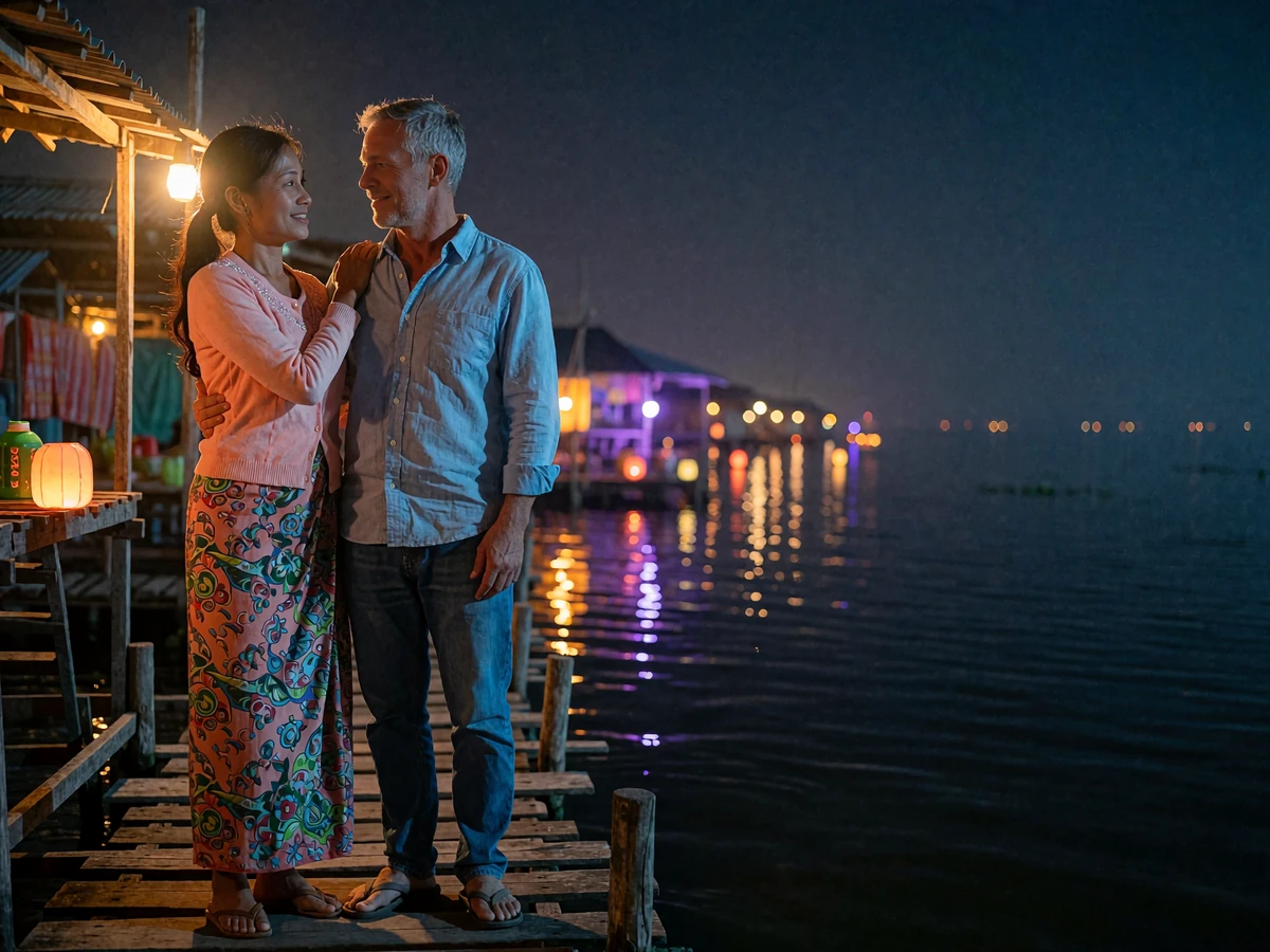 Burmese woman and her partner smiling together on a wooden lakeside walkway at night after meeting through a Burmese dating site