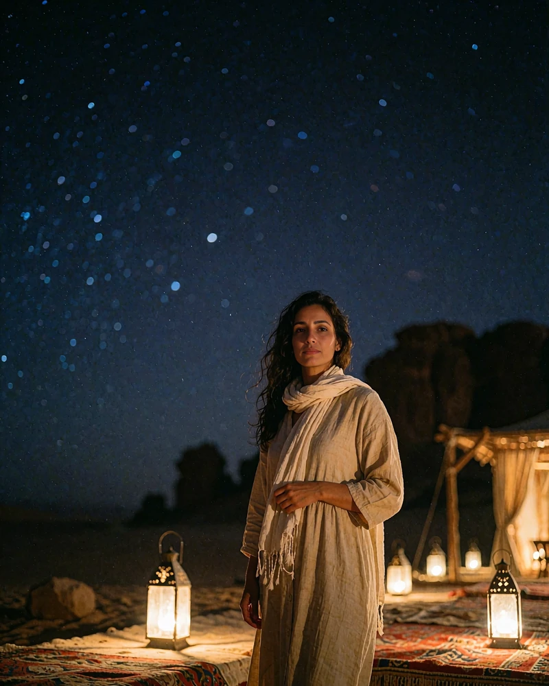 Jordanian member in a sand-colored dress on a lantern-lit desert lodge terrace at night