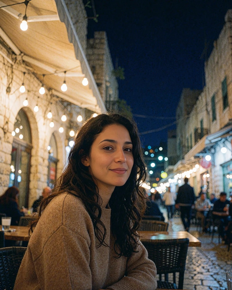 Jordanian member in a camel sweater smiling at an outdoor cafe table on Rainbow Street in Amman