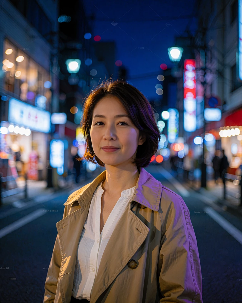 Japanese member in a beige trench coat on a quiet Tokyo street at night