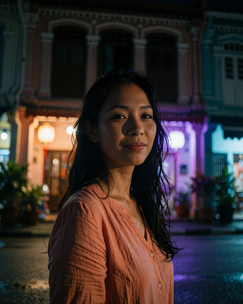 Malaysian woman in her late twenties smiling on a heritage street in Penang at blue hour