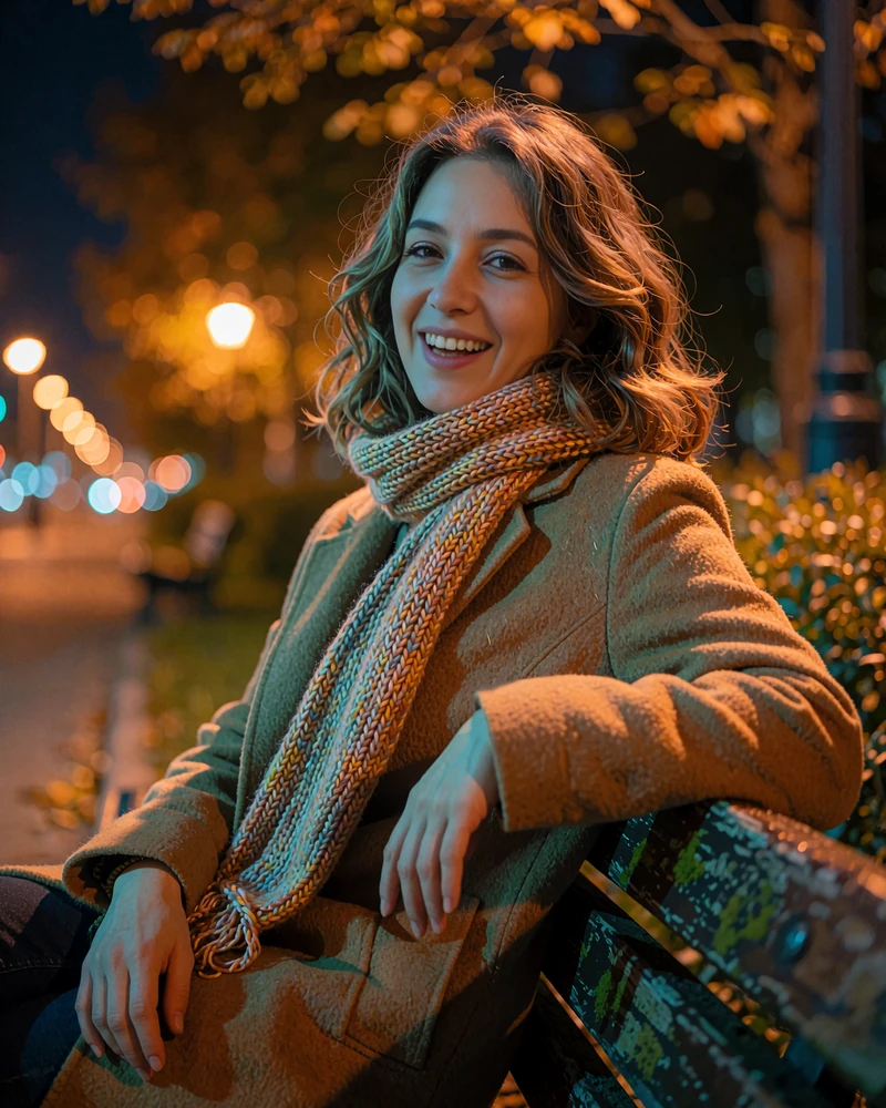 Kyrgyz member in a caramel wool coat seated on a park bench under warm lamplight