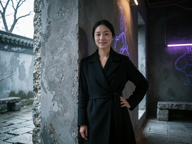 Elegant Asian woman in a black wrap coat standing in a shaded stone courtyard