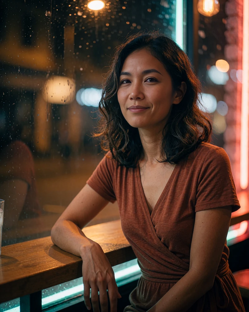 Laotian member in a rust-toned wrap dress seated by a café window at night with a warm smile