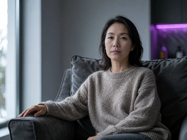 Serene Asian woman in a taupe sweater seated in a quiet reading corner