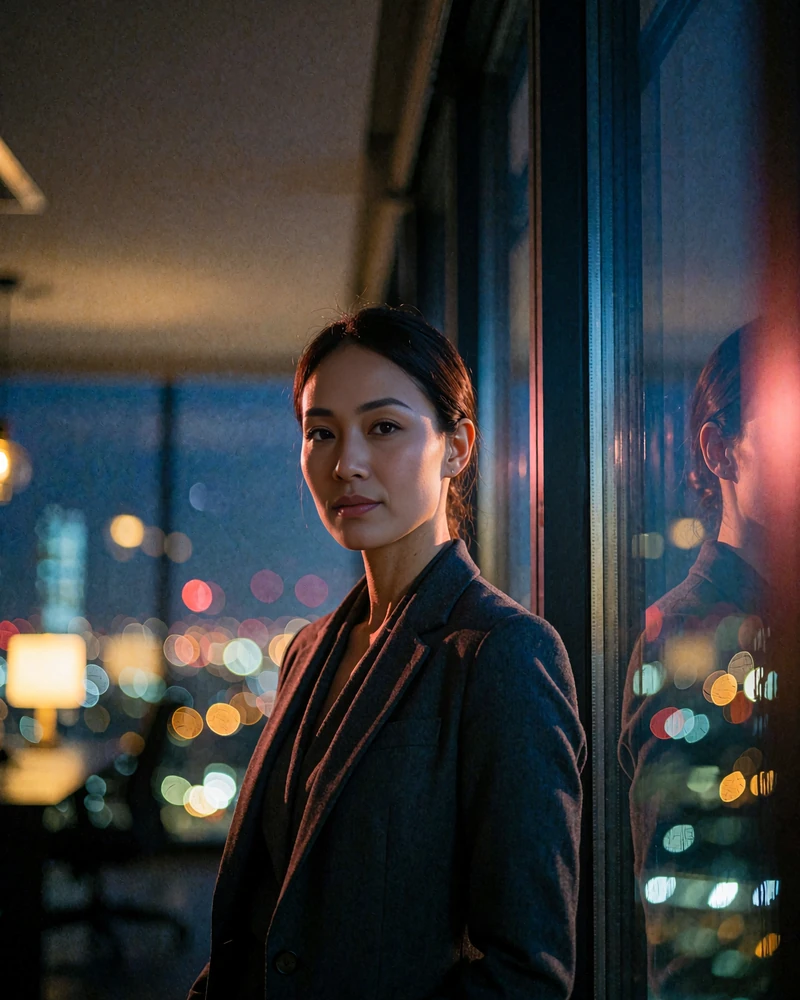Indonesian member in a charcoal blazer near tall office windows in the evening