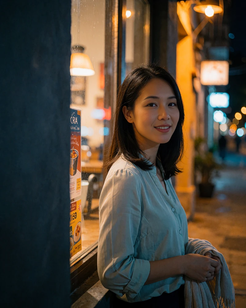 Verified Vietnamese member in her late twenties on a quiet Hanoi street at night