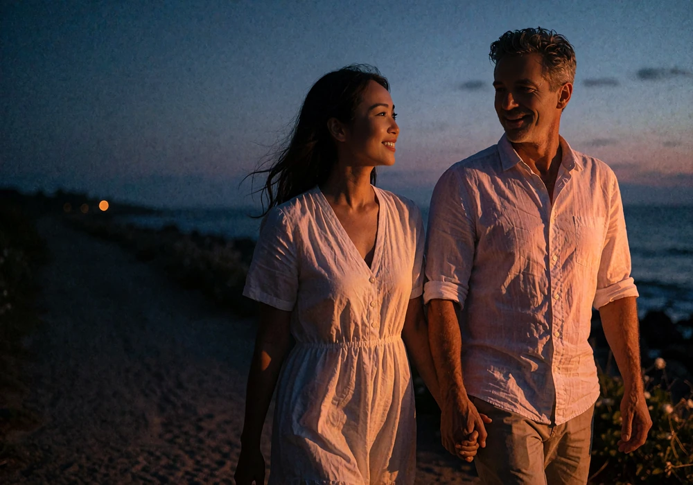 Couple walking together along a torch-lit coastal path in Bali after sunset