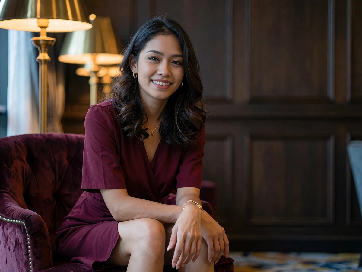Confident Filipina woman smiling warmly in a velvet armchair inside an upscale hotel lounge