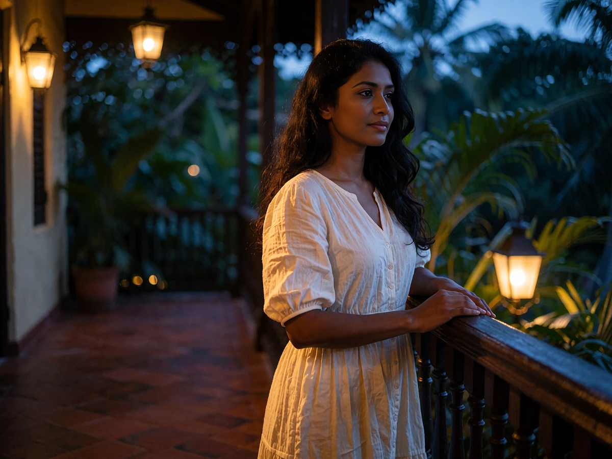 Poised Sri Lankan woman in an ivory dress standing on a colonial-style hotel veranda at dusk, illustrating Sri Lankan dating culture