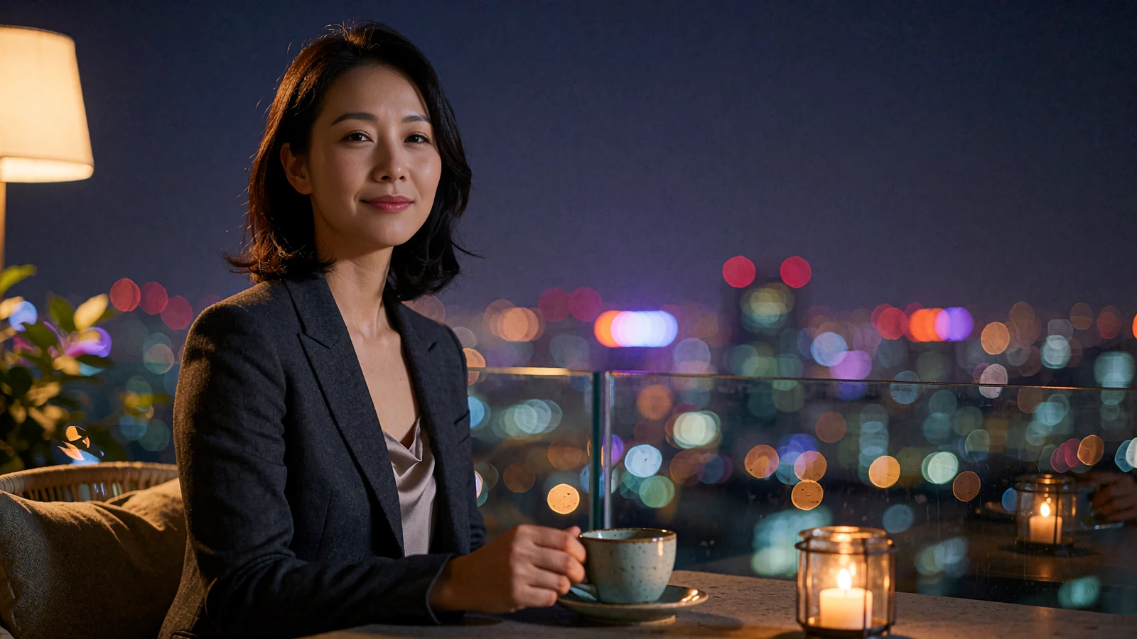 Poised Korean woman in a charcoal blazer at a Seoul rooftop lounge, illustrating Korean dating culture and evening date settings
